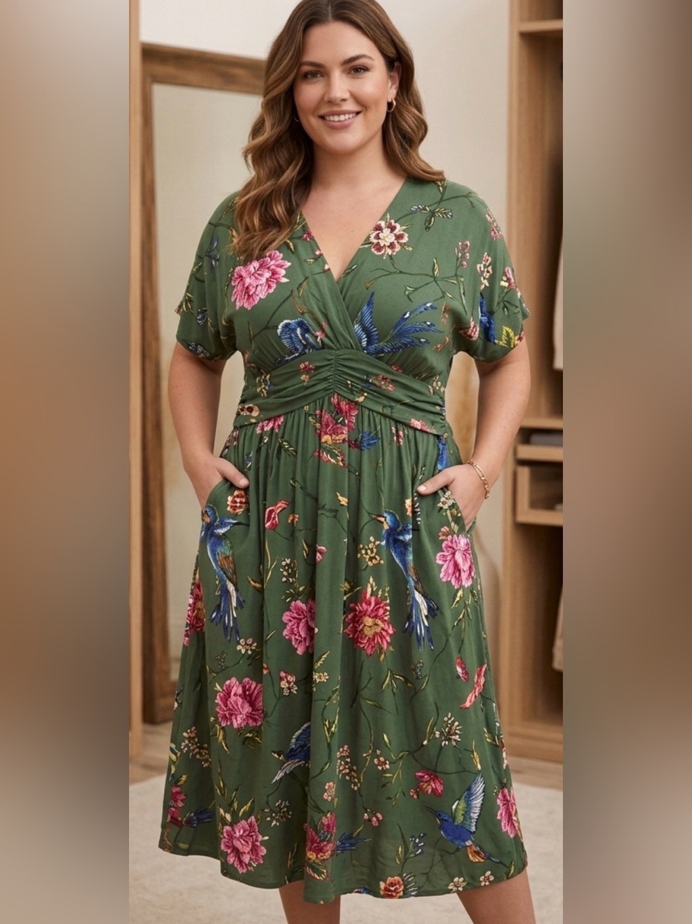 Yumi Bird & Floral Ruched Waist Kimono Midi Dress Green Size 14